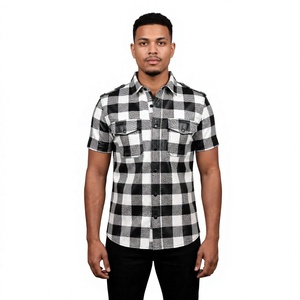 Camisa de Cuero de Cordero con Estampado a Cuadros Búfalo en Negro, Blanco y Rojo para Hombre, Manga Corta y Larga, Estilo Lumberjack con Botones a Presión - Product Image 1