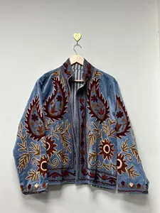 <b>Women</b> Sky Blue <b>Velvet</b> Suzani Embroidered <b>Jacket</b> with Floral Pattern Full Sleeve Stand Collar Bohemian <b>Women's</b> Autumn Coat - Product Image 1