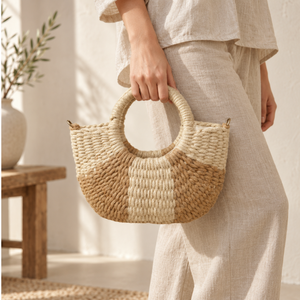 Sac fourre-tout mini demi-lune en corde de jute bicolore tressé à la main, style bohème, écologique, pour femme, plage, ou comme sac à bandoulière - Product Image 6