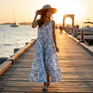 Robe longue boho sans manches avec encolure dégagée flowy Une ligne à plusieurs niveaux pour les femmes filles vêtements quotidiens coton imprimé vigne bleu blanc - Product Image 1