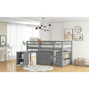 Letto a soppalco singolo Low Study con armadietto e scrivania portatile grigia su ruote per bambini - SKU LP000113AAE - Product Image 3
