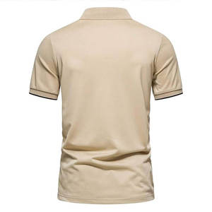 Camiseta de Cuello Alto para Hombre, Manga Corta, Informal, Tejida, Corte Regular, 100% Algodón, Beige con Rayas Marrones y Negras, Logotipo Frontal, Transpirable - Product Image 3