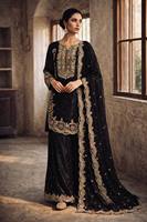 Ensemble Salwar Kameez Sharara brodé noir pour femmes, tenue ethnique pour fête et mariage, robe avec dupatta
