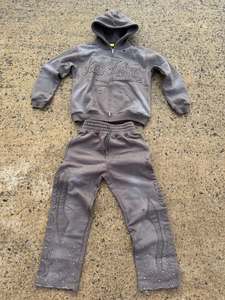 Custom Rhinstrone logo Oversized Dtg Baggy <b>Flared</b> Wide Leg Hoodie Set Zip up Boxy Hoodie Two Pieces Set <b>Men</b> Acid Wash Tracksuit - Product Image 3