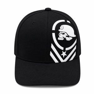 Casquette snapback noire à 6 panneaux avec logo brodé crâne blanc sur le pan droit, style streetwear unisexe, chapeau décontracté - Product Image 2