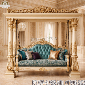 Columpio de Pavo Real Blanco y Dorado de Gran Tamaño para Hogares Indios, Compre un Jhoola/Onjhal de Madera de Lujo Estilo Maharaja con Pilares Tallados, Reino Unido - Product Image 3