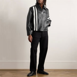 OEM Custom Fashionable Trend High-quality Slim-fit <b>Zip</b> <b>Fastening</b> Jacket Customized Attractive Striped Leather Jacket for Men's - Product Image 2