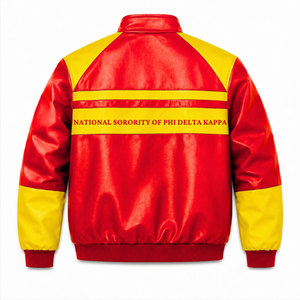 เสื้อแจ็คเก็ตวาร์ซิตี้หนัง PU แบบครอปของชมรมนักเรียนหญิง NSPDK สีแดงและเหลือง พิมพ์ตัวอักษร 1923 แขนยาว ซิปเต็มตัว แจ็คเก็ตสำหรับผู้หญิง - Product Image 3