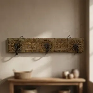 Vintage <b>Wooden</b> Floral Wall Hook Panel <b>Hand</b> Carved Three Hook Hanger for Coats Keys Scarves and Home Decor - Product Image 4