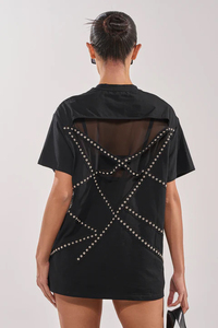T-shirt noir oversize pour femme avec détails rivets et empiècements en maille, col rond, manches courtes, coupe ample, style printemps-été - Product Image 3