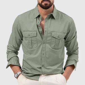 Camisa de sarga 100% algodón verde oscuro de manga larga casual para hombre Bearfit, corte entallado elegante con bolsillos delanteros, estilo moderno - Product Image 4