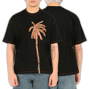 Camiseta Negra de Manga Corta para Hombre, Estampado de Palmeras, Estilo Casual Holgado, Cuello Redondo, Impresión Serigrafiada, Algodón Transpirable, Logotipo en la Parte Trasera del Cuello - Product Image 6