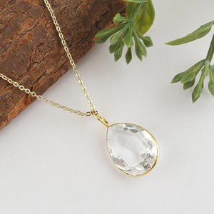 Collar con colgante de cuarzo transparente tallado en forma de pera, chapado en oro de 18k sobre latón, con engaste de bisel, para uso diario, regalo, joyería, cadena de collar. - Product Image 4
