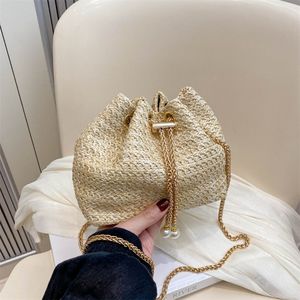 "Woven Women's <b>Bucket</b> <b>Bag</b> with <b>Pearl</b> Decoration and Drawstring Closure" - Product Image 2