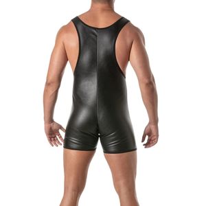Men Black <b>Leather</b> Sleeveless <b>Bodysuit</b> Mid-Rise Solid Sexy Underwear - Product Image 6