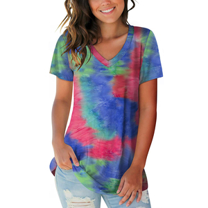 Camiseta de algodón de manga corta con cuello en V y estampado tie-dye para mujer, corte holgado, informal, de verano, largo a media pantorrilla, transpirable, para uso diario - Product Image 1