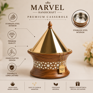 Marvel Handicraft Luxury Wooden Insulated Tagine Casserole with Gold Stainless Steel Lid Premium Hot <b>Food</b> <b>Server</b> Gift Serveware - Product Image 5