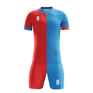 Maillot de football personnalisé pour homme, manches courtes, rouge et bleu, blocs de couleur, en polyester anti-humidité, uniforme de football avec impression nom et numéro, OEM - Product Image 2