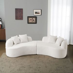Divano Compatto Curvo a Quattro Posti Bianco per Spazi Ristretti, in Tessuto Teddy Vellutato con Spugna a Compressione Totale, Nessun Montaggio Richiesto, per Soggiorno - Product Image 2