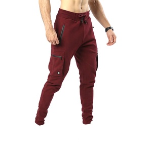 Pantalones Deportivos Cargo Color Granate para Hombre, Cintura Elástica con Cordón, Múltiples Bolsillos, Joggers Casuales, Mezcla de Poliéster y Algodón de Peso Medio, Ropa de Otoño - Product Image 4