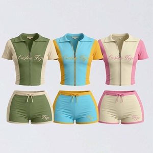 Custom <b>Rhinestone</b> logo Track Suit for Women Set Color Blocking Short Sleeve Zip <b>Jacket</b> and Shorts Women's Summer Two-piece Set - Product Image 1