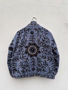 Luxury Gray <b>Velvet</b> Embroidered Suzani <b>Jacket</b> With Floral Pattern Full Sleeve Stand Collar Bohemian Artisan <b>Women's</b> Autumn Coat - Product Image 2