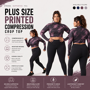 Haut court imprimé grande taille pour femme, à manches longues, de compression, col montant, pour le sport et l'entraînement, sous-vêtement de base, débardeur court - Product Image 5