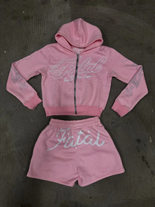 Conjunto Deportivo con Capucha Negra Fatal Girls, con Logotipo de Pedrería y Pantalones Cortos con Estampado Brillante, Ropa Urbana para Otoño - Product Image 2