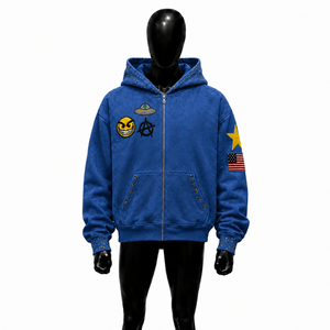 Sweat-shirt à capuche bleu pour homme avec imprimé de dessin animé et patch drapeau américain, coupe décontractée, idéal pour l'automne, personnalisable, fermeture éclair intégrale - Product Image 1