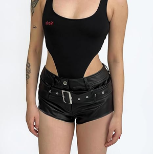 Women's High Waist Black Spandex/Polyester Shorts with Belt Moto Biker Style Breathable Print Skinny Fit - Product Image 4