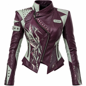 Women Burgundy Real Cowhide Leather Biker Jacket Printed <b>Crane</b> Mint Green Panel Studded Shoulder Coat OEM ODM Custom Wholesale - Product Image 1