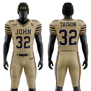 Uniforme de Fútbol Americano para Hombre, 300 GSM, Poliéster y Elastano, Beige, Azul Marino y Dorado, Panel en las Mangas, Personalizado por Sublimación, Ropa Deportiva de Alto Rendimiento - Product Image 1