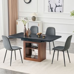 Set Moderno di Tavolo da Pranzo a L Espandibile e Sedie, Tavolo Estraibile 59-71 Pollici, 4 Sedie in Lino e Cotone Grigio Scuro per Sala da Pranzo - Product Image 1