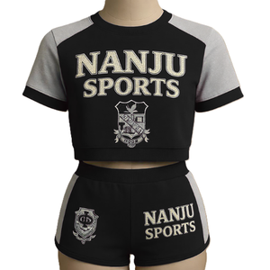 ชุดเซ็ตสองชิ้นปักลาย NANJU SPORTS สีน้ำเงินเทา เสื้อครอป กางเกงขาสั้น ผู้ชาย สไตล์สปอร์ตฤดูร้อน คอกลม ผ้าถัก ระบายอากาศได้ดี - Product Image 3