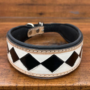 Dernière vente chaude 100% en cuir véritable motif à carreaux collier de chien en cuir véritable doux rembourré réglable accessoire de chien de luxe - Product Image 4