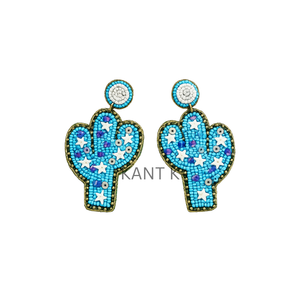 Pendientes Colgantes de Cactus Hechos a Mano con Cuentas Azules para Mujer, Estilo Bohemio, Planta del Desierto - Product Image 1