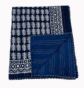Silkgram Traditional Chinese Cotton Kantha <b>Quilt</b> Blue Floral Hand-Stitched Eco-Friendly All-Season Home Decor <b>Throw</b> Cover - Product Image 3
