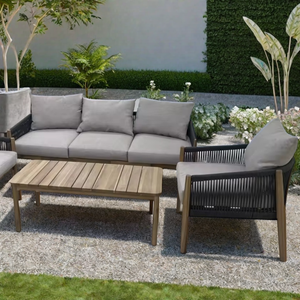 Juego de sofá convertible minimalista de madera maciza, cojines de tela suave para uso en exteriores en hoteles, apartamentos, salas de estar - Product Image 2