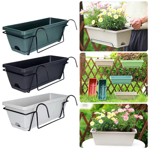 1 Set Balcony Plant Vegetable Flower <strong>Planter</strong> with Tray and Rack <strong>Plastic</strong> Outdoor Rectangular Hanging Long Flower Pot <strong>Trough</strong> - Product Image 1