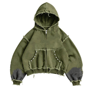 Sweat à capuche oversize pour homme, manches raglan, fermeture éclair, couleur unie, en molleton bouclette respirant, style automne - Product Image 4