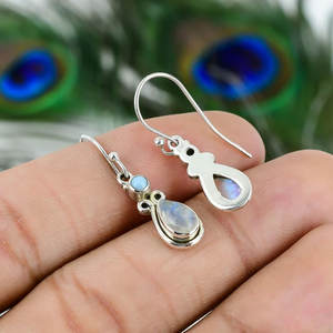 ต่างหูห้อยมูนสโตนสีรุ้งธรรมชาติ ชุบเงิน รูปทรงมาร์คีส์ เครื่องประดับทำมือสำหรับผู้หญิง ขายส่ง - Product Image 3