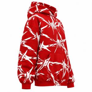 Sudadera con capucha para hombre con estampado de alambre de púas rojo, manga raglán, bolsillo canguro, estilo urbano - Product Image 3