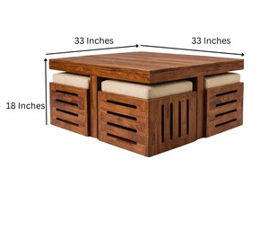 Slatted Top Solid Wood Coffee Table with 4 <b>Cushioned</b> Stools | Space Saving Nested Center Table | Jodhpur Export - Product Image 4