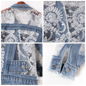 Veste en jean vintage tendance effet vieilli avec détails boutonnés, superposition en dentelle transparente, patchwork décontracté, déchirée, pour printemps et automne - Product Image 3