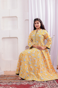 Robe longue en coton 100% écologique à imprimé floral jaune, col mandarin, manches longues, coupe classique, formelle, été, pour femmes - Product Image 4