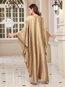 Robe Abaya élégante à col en V, longueur au sol, avec détails perlés, manches longues, coupe ample, ourlet asymétrique, couleur unie, tenue de soirée pour femmes - Product Image 3
