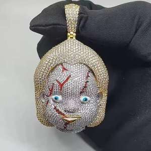 Pendentif Hip Hop glacé en argent sterling 925, avec moissanite sertie en clos, motif visage de poupée long et massif, thème Halloween Horreur, unisexe, pour soirée - Product Image 3