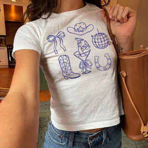 Wholesale Crop Short T-Shirt Cute Cowboy Accessories Design Women's Tee for Girls Custom Logo Printed Summer Y2K - Product Image 1