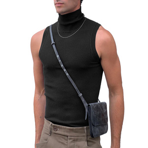 Camisetas sin mangas de cuello alto acanaladas 100% algodón a la moda, con logo personalizado, ajustadas, informales, de verano, para hombre, estilo crop top. - Product Image 1