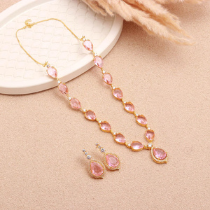 Conjunto de Joyería de Morganita en Forma de Lágrima, Chapado en Oro de 22K, Latón, Color Rosa, Collar de Boda, Regalo para Ella, Conjunto de Joyería para Usar en Bodas y Fiestas - Product Image 1